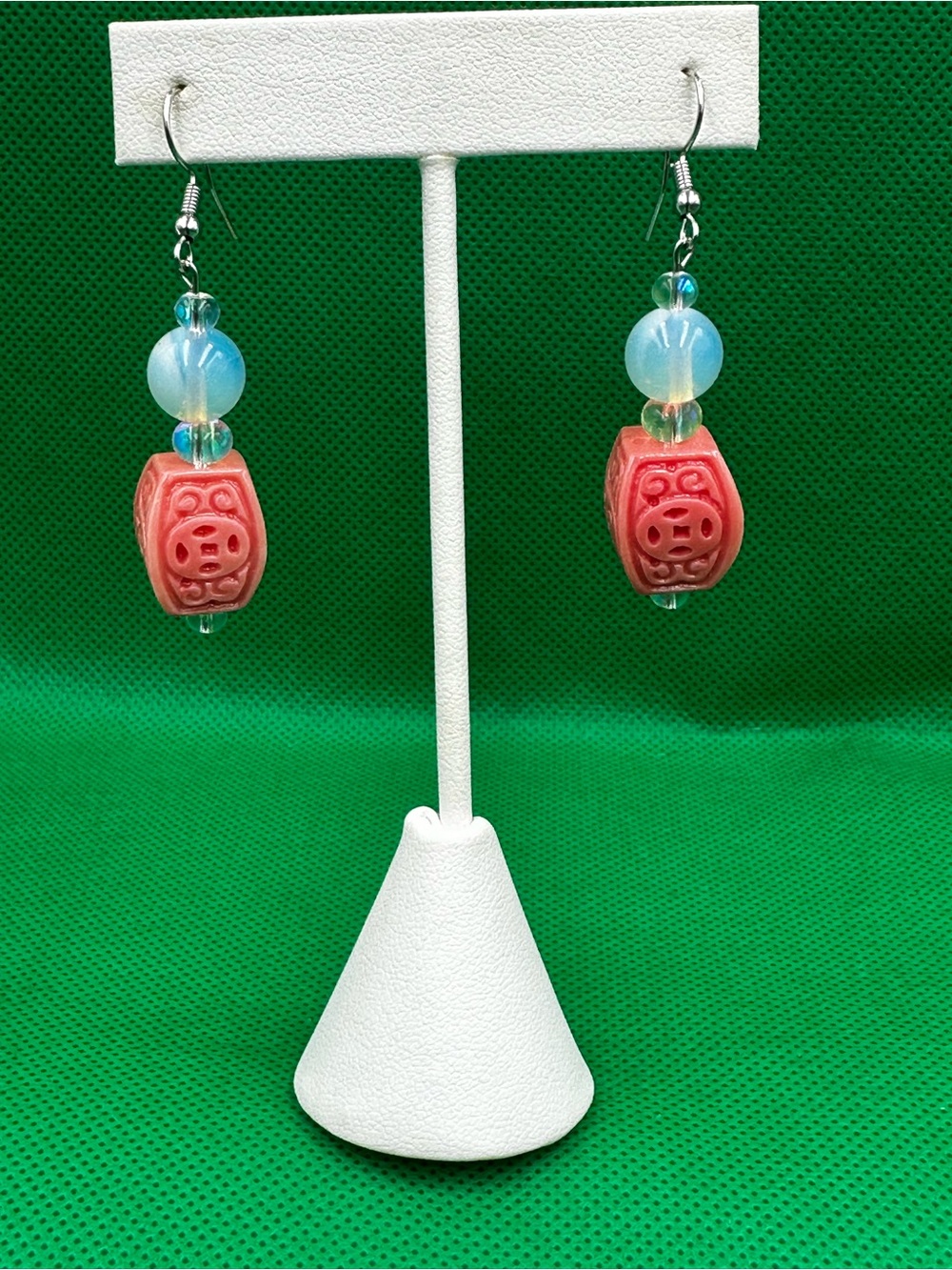 Handmade Coral Pink Carved Bead Drop Earrings